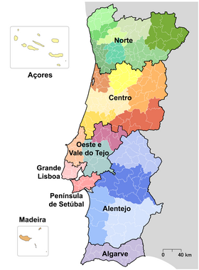Territorial map of Portugal corresponding to the European Union's NUTS I and NUTS II designations for NUTS statistical regions of Portugal