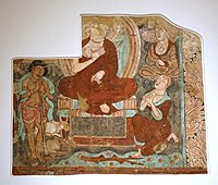 Painting of a cowherd listening to a sermon of the Buddha, from the right wall of the main hall. Cave of the Statues. 14C date: 406-425 AD.