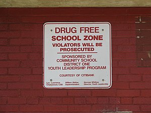 Drug-free school zone sign in New York City, Manhattan New York City Drug Free School Zone Sign.jpg