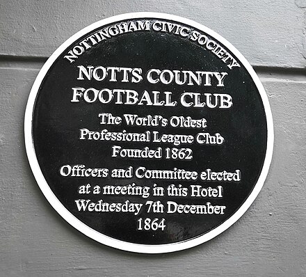 Plaque at the George Hotel Nottingham commemorating Notts County Football Club's first meeting to elect officers and committee on 7 December 1864