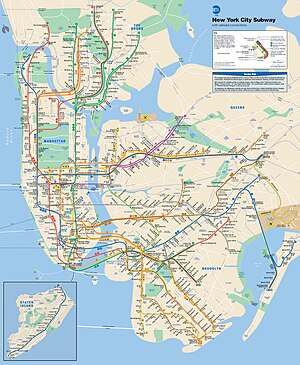 2013 edition of the official Hertz-style subway map; note that this may not reflect temporary changes in service. Official New York City Subway Map 2013 vc.jpg