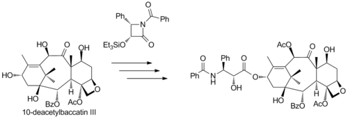 Semisynthesis of taxol from 10-deacetylbaccatin and (3R,4S)-3-triethylsilanyloxy-4-phenyl-N-Boc-2-azetidinone Original semi-synthesis of taxol.png