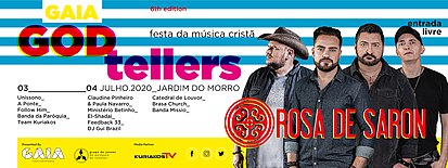 Cartaz do festival Gaia GodTellers (2020), com imagem da banda cabeça-de-cartaz Rosa de Saron.