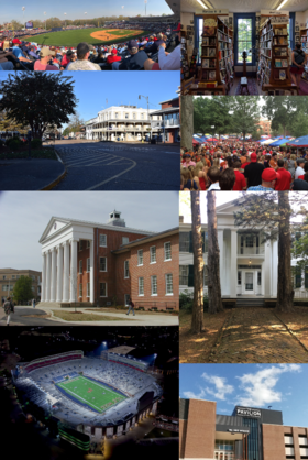 From top, left to right: Swayze Field, Square Books, Oxford's downtown Square, The Grove at Ole Miss, The Lyceum at the University of Mississippi, Rowan Oak, Vaught–Hemingway Stadium, The Sandy and John Black Pavilion at Ole Miss