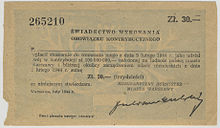 Payment receipt for a 30 Zloty reparation/repercussion payment due from all residents of Warsaw and surrounding areas as retribution for the Polish underground's Operation Kutschera - the successful execution of Franz Kutschera, SS General and SS and Police Leader, Warsaw district Payment receipt 5-3350.jpg