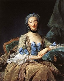 O vestido aberto de Madame de Sorquainville com saia da mesma cor e estomaqueira azul. 1749.