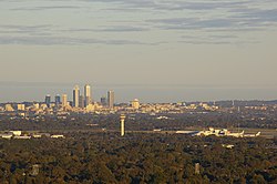 Perth Airport with city centre behind, image taken from the Darling Scarp looking west Perth airport 01 gnangarra.JPG