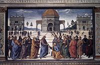Ο Χριστός παραδίδει τις κλείδες του Ουρανού στον Άγιο Πέτρο, νωπογραφία,1482, Ρώμη, Καπέλα Σιξτίνα