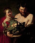 Workshop of Peter Paul Rubens. Satyr with girl and basket of fruit label QS:Len,"Satyr with girl and basket of fruit" label QS:Lpl,"Satyr z dziewczyną i koszem owoców" label QS:Lnl,"Sater met meisje met vruchtenmand" . circa 1620-1625. oil on canvas medium QS:P186,Q296955;P186,Q12321255,P518,Q861259 . 103 × 69 cm (40.5 × 27.1 in). Havana, Museo Nacional de Bellas Artes.