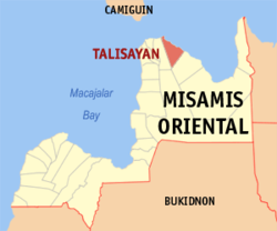 Mapa ng Misamis Oriental na nagpapakita sa lokasyon ng Talisayan.