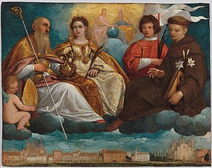 Saints Prosdocimus, Justina, Daniel, and Anthony of Padua in Glory with a View of the Prato della Valle, Padua
