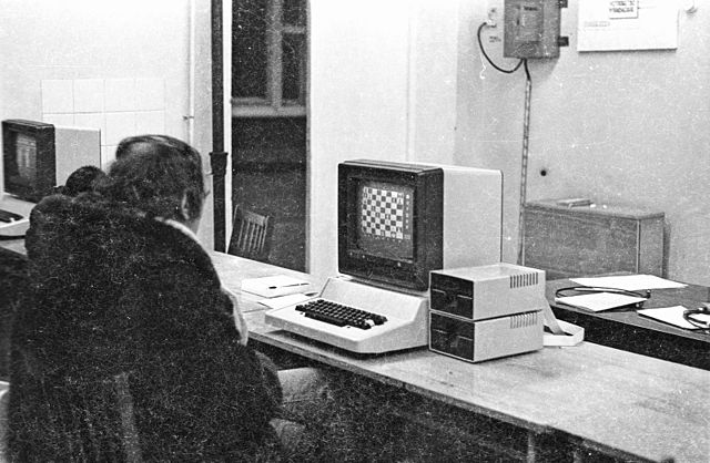 The 8-bit architecture Pravetz 82 computer produced in Bulgaria from 1982, in a classroom in the Soviet Union
