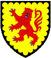 Arms of de la Pomeroy: Or, a lion rampant gardant gules armed and langued azure a bordure engrailed sable