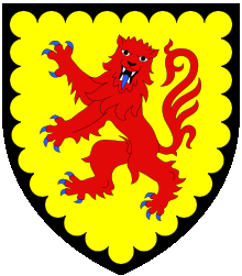 Arms of Pomeroy, adopted at the start of the age of heraldry, c. 1200-1215: Or, a lion rampant guardant gules armed and langued azure a bordure engrailed sable PomeroyArms.svg