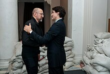 Trudeau with Denys Shmyhal in Ukraine Prime Minister of Ukraine met with Prime Minister of Canada - 20230610 - 08 (cropped).jpg