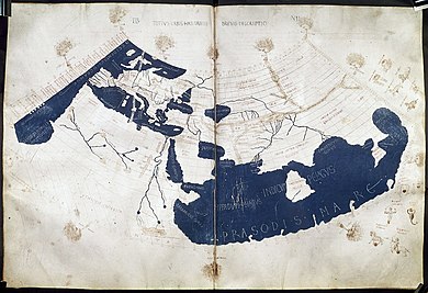 The Ptolemy world map, including the countries of "Serica" and "Sinae" (Cattigara) at the extreme right beyond the island of "Taprobane" (Sri Lanka) and the "Aurea Chersonesus" (Malay peninsula).
