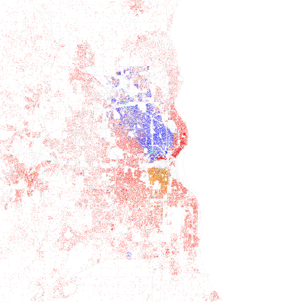 Map of racial distribution in Milwaukee, 2010 U.S. Census. Each dot is 25 people: .mw-parser-output .legend{page-break-inside:avoid;break-inside:avoid-column}.mw-parser-output .legend-color{display:inline-block;min-width:1.25em;height:1.25em;line-height:1.25;margin:1px 0;text-align:center;border:1px solid black;background-color:transparent;color:black}.mw-parser-output .legend-text{}⬤ White ⬤ Black ⬤ Asian ⬤ Hispanic ⬤ Other