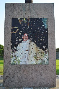 Assassination of Rajiv Gandhi: The stone mosaic that stands at the exact location where Rajiv Gandhi was assassinated in Sriperumbudur Rajiv Gandhi Memorial bombsite.jpg