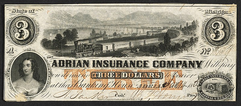 File:Recto Adrian Insurance Company (Michigan) 3 dollars 1855 urn-3 HBS.Baker.AC 1141841.jpeg