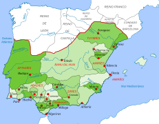 Primeros reinos de taifas, hacia el 1037, que coinciden básicamente con las coras del Califato de Córdoba.