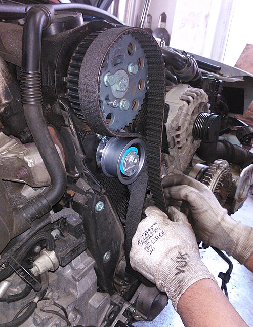 Rubber timing belt during installation