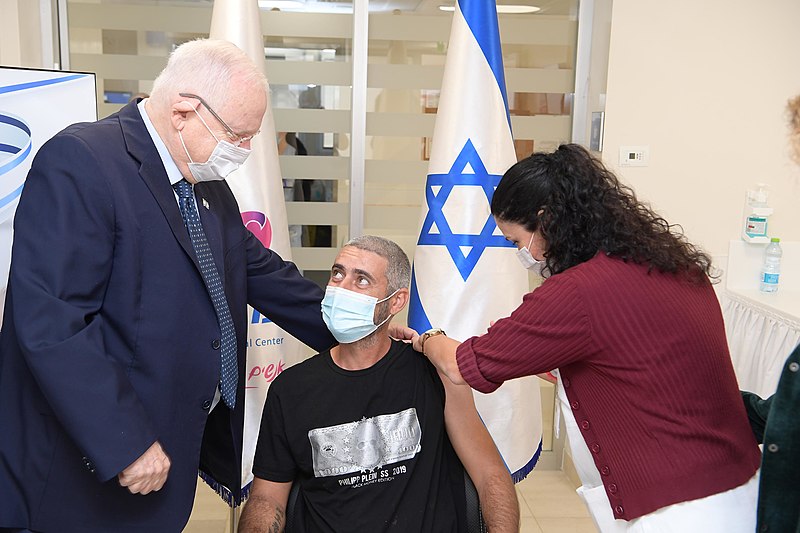 File:Reuven Rivlin with the first vaccinator in Phase B of the Israeli Vaccine of the Israeli Biological Institute, January 2021 (GPOABG 4045).jpg