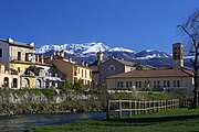 View of Rieti: Velino river, St. Francis church, Mount Terminillo.