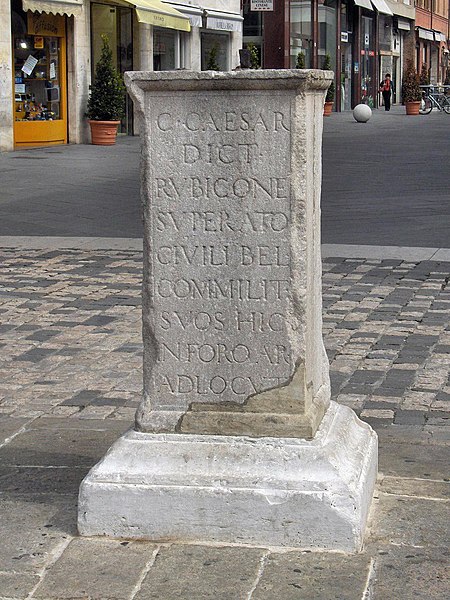 Renaissance inscription claiming to have been erected by Julius Caesar at the spot where he addressed his army after crossing the Rubicon. Rimini, Ita