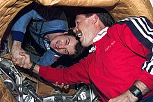 Vladimir Dezhurov and "Hoot" Gibson shake hands in orbit, a homage to the Apollo-Soyuz Test Project (ASTP). Later that day, President Bill Clinton announced that this handshake was a major breakthrough towards the end of the Cold War. S71e0003.jpg