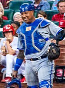 Salvador Perez, the active leader in career putouts as a catcher and 24th all-time. SalvadorPerezkccaptain2023.jpg