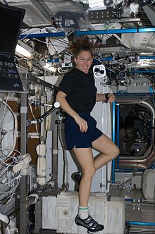 Sandra Magnus, STS-119 mission specialist, exercises on the Cycle Ergometer with Vibration Isolation System (CEVIS) in the Destiny laboratory. Sandy Magnus in the Destiny Module.jpg