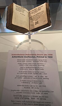 A copy of the Schleitheim Confession, the Anabaptist confession of faith (1527) Schleitheimer Bekenntnis Druck 1550 ausgestellt im Tauferzimmer des Heimatmuseums Schleitheim.jpg