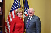 Baldwin with former Governor of Georgia and Secretary of Agriculture Sonny Perdue in February 2017 Senator Tammy Baldwin with Secretary of Agriculture nominee Sonny Perdue.jpg