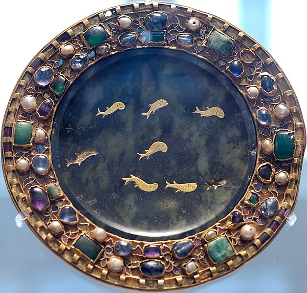 Dish of serpentine with inlaid gold fish, 1st century BC to 1st century AD, with 9th-century mounts