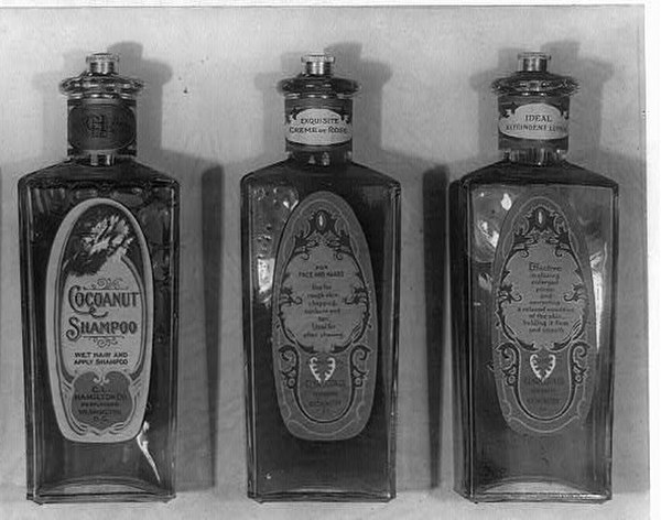 Bottles of shampoo and lotions manufactured in the early 20th century by the C.L. Hamilton Co. of Washington, D.C., United States