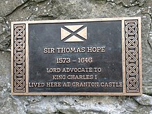 A plaque marking the former home of Sir Thomas Hope, 1st Baronet at Granton Castle. SirThomasHopePlaque.jpg