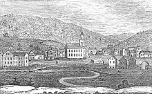 Winsted in 1836, a woodblock print drawn by John Warner Barber South View of Winsted, Winchester.jpg