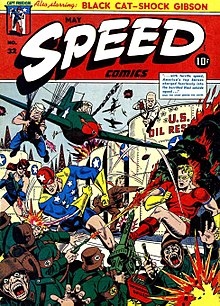 Comic book crossovers may be traced back to the Golden Age, where characters frequently teamed up on the cover (though far more rarely on the inside). Speed Comics number 32, artwork by Alex Schomburg. SpeedComicsNo32.jpg