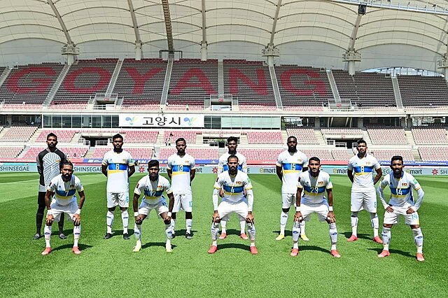 Sri Lanka team line-up during a FIFA World Cup qualifying match against Lebanon in 2021