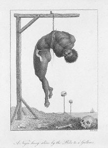 An engraving by William Blake illustrating "A negro hung by his ribs from a gallows," from Captain John Stedman's Narrative of a Five Years Expedition