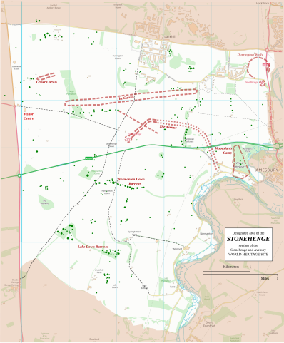 Plan de la zone archéologique de Stonehenge, montrant la situation de l'Avenue.