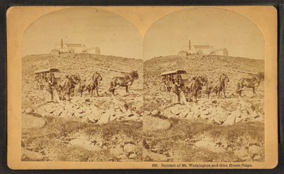 Stereoscopic photograph of the summit of Mount Washington and the Glen House stage coach by Kilburn Brothers (circa 1872). The cog railway line is visible in the background along with the Summit House atop the peak.