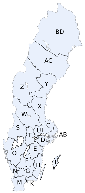 Map of Sweden with county codes from 2007, after the merger of some counties. SverigesLan2007mKod.svg