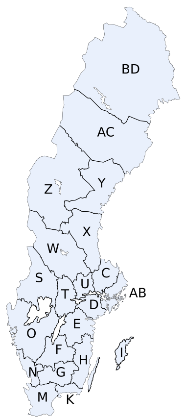 Map of Sweden with each county labelled with the second part of its ISO 3166-2 code. SverigesLan2007mKod.svg