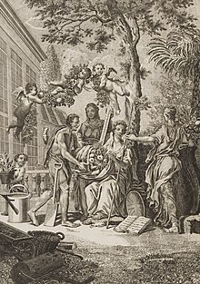 Britannia presented with cornucopiae
including pineapples by allegories of Nature, Industry, and Science, with an orangery in the background (frontispiece of The Gardeners Dictionary, 1764) The gardeners dictionary Wellcome L0049859 frontispiece (cropped).jpg