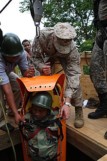 Military and police personnel practicing confined space rescue techniques. USMC-100422-M-6993C-253.jpg