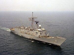 A starboard bow view of the guided missile frigate USS Clark (FFG-11) underway.