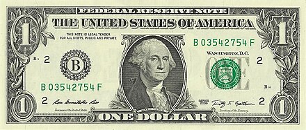 Obverse of a Federal Reserve $1 note issued in 2009