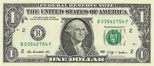 Obverse of a Federal Reserve $1 note issued in 2009