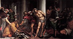 Flagellation. Vassilacchi's painting is on the wall of the Chapel of Our Lady of Peace. Formerly it was in the Scuola di Santa Croce at Belluno.